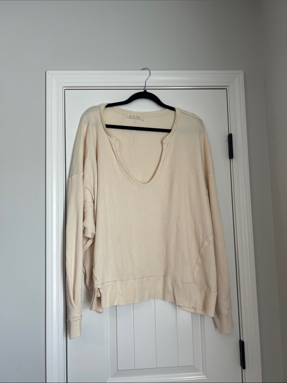 Free People Cream Waffle Knit V-Neck Sweater